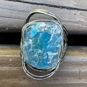 Vintage PZ Israel Roman Glass & Sterling Silver Ring, Size 8.8 by Paz Blue 925